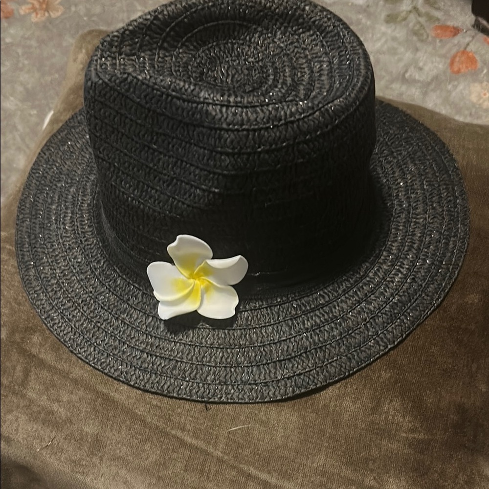 Black Straw Hat with Floral Accent
